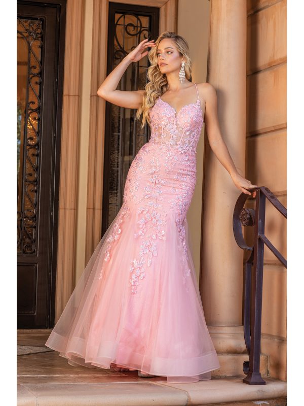 V-Neck Spaghetti Strap Floral Lace Mermaid Prom Dress with Tulle Skirt