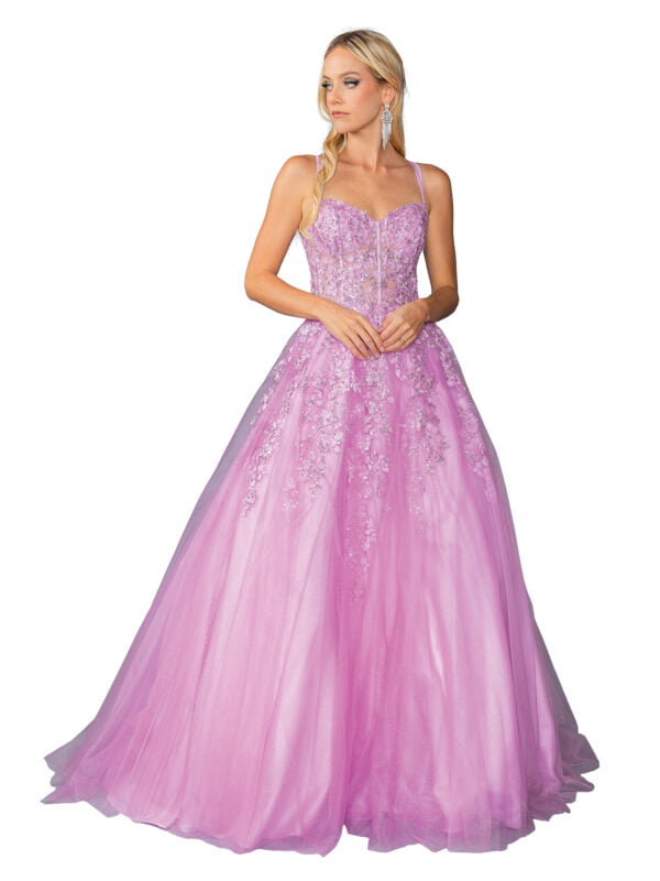 Sleeveless Sweetheart Corset Floral Lace A-Line Prom Dress with Tulle Skirt
