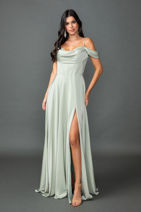 Beaded Satin Prom Dress with Ruched Side Slit