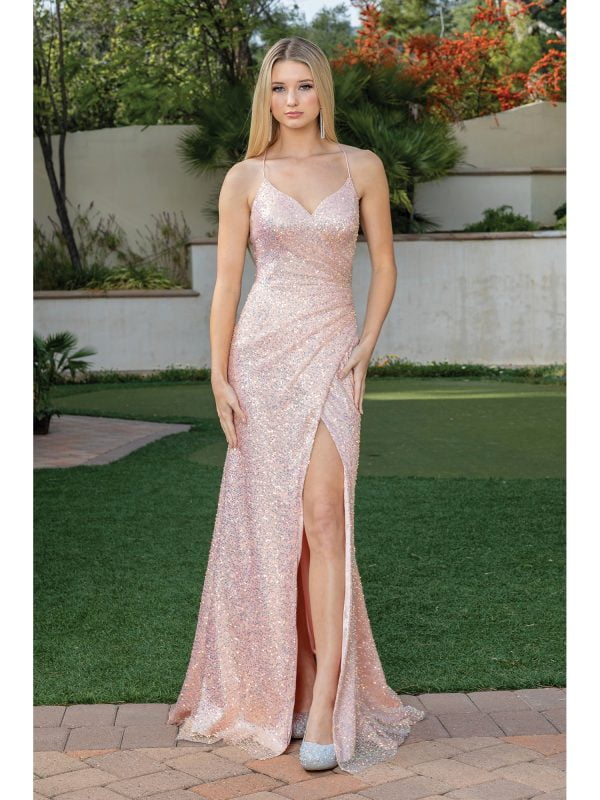 Spaghetti Strap V-Neck Sequin Sheath Prom Dress with Draped Slit Skirt