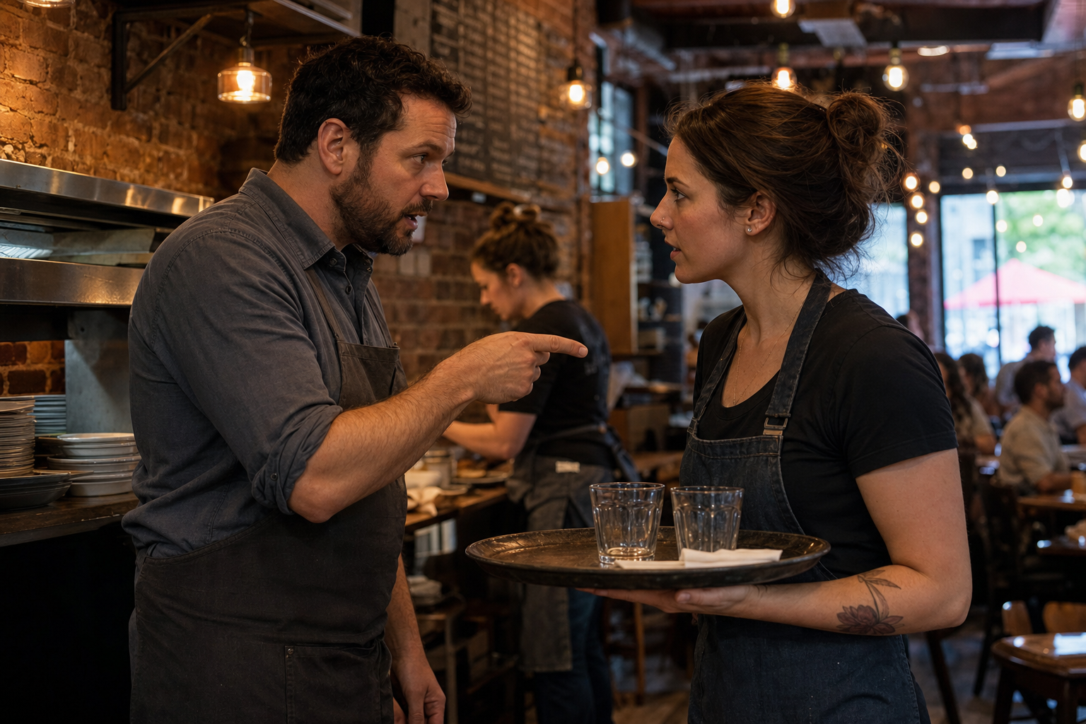 Restaurant owner directing an employee during dinner service