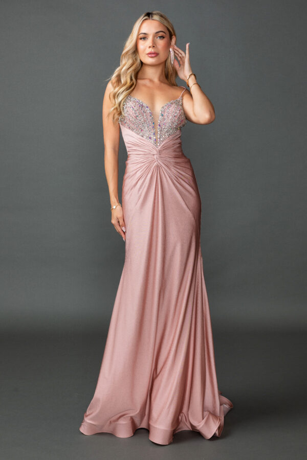 Spaghetti Strap Plunging Beaded Prom Dress with Ruched Front Skirt