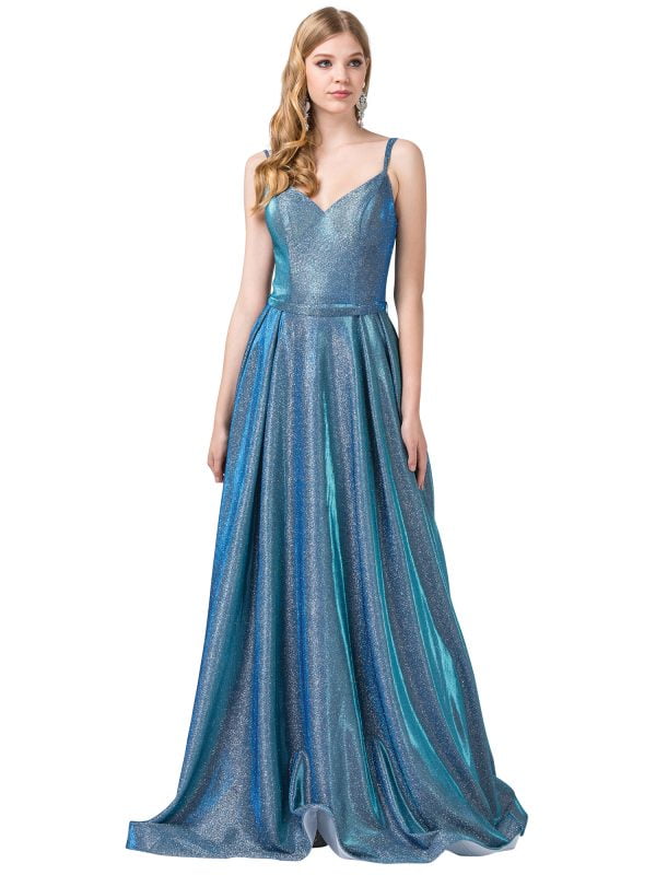 Sleeveless V-Neck Shimmer A-Line Prom Dress with Pleated Flared Skirt