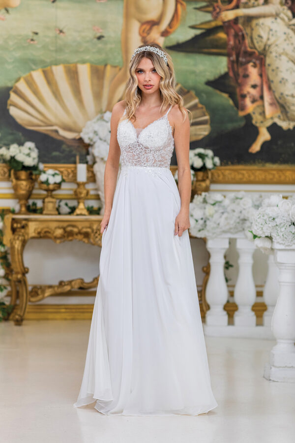 White Sleeveless Lace Bodice A-Line Prom Dress with Flowy Skirt
