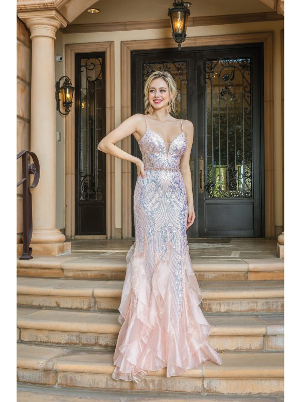 Spaghetti Strap V-Neck Sequin Mermaid Prom Dress with Ruffled Skirt
