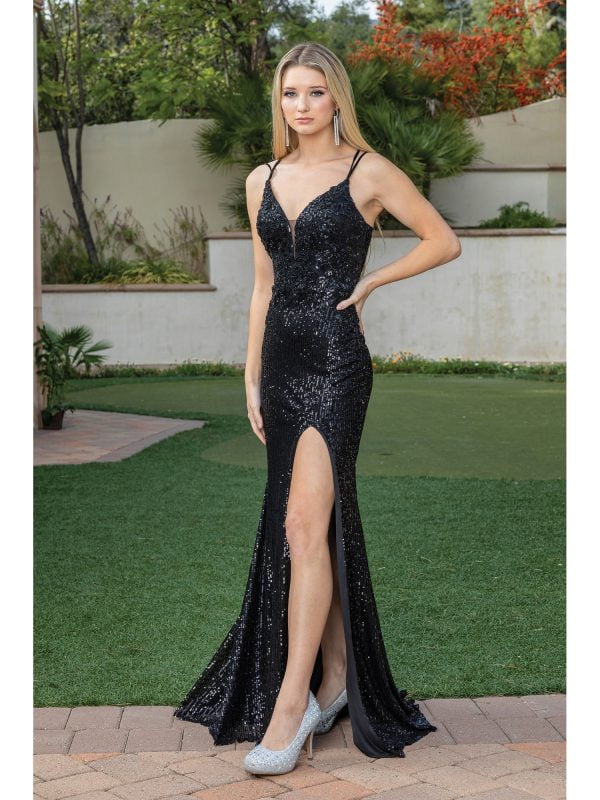 Spaghetti Strap V-Neck Sequin Mermaid Prom Dress with High Leg Slit