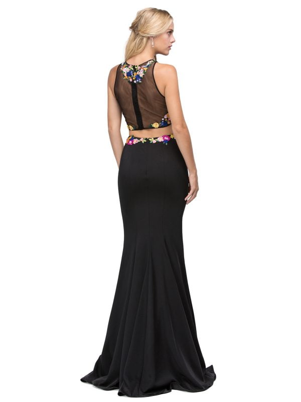 Sleeveless Two-Piece Black Mermaid Dress with Floral Applique Sheer Back