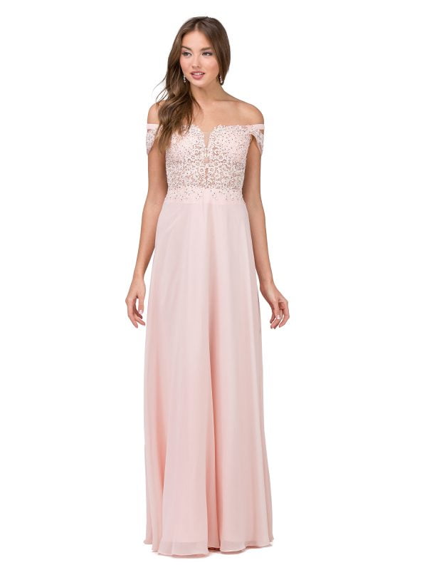 Off-the-Shoulder Beaded Lace A-Line Prom Dress with Flowy Gathered Skirt