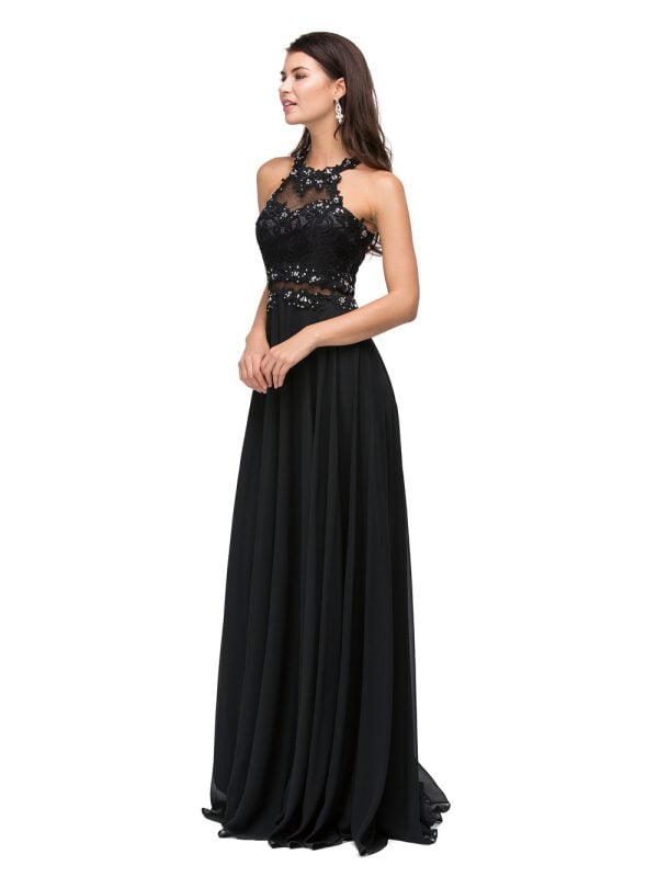 Sleeveless Halter Beaded Lace Applique A-Line Dress with Flowy Skirt