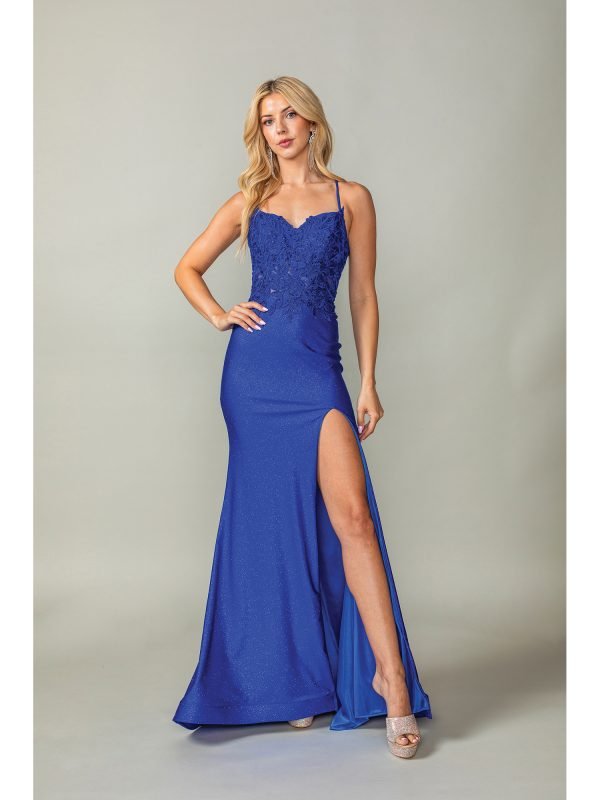 Spaghetti Strap Floral Lace Bodice Sheath Prom Dress with Slit