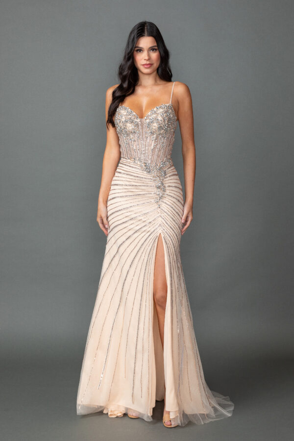 Sleeveless Sweetheart Beaded Corset Sheath Dress with Linear Sequin Slit