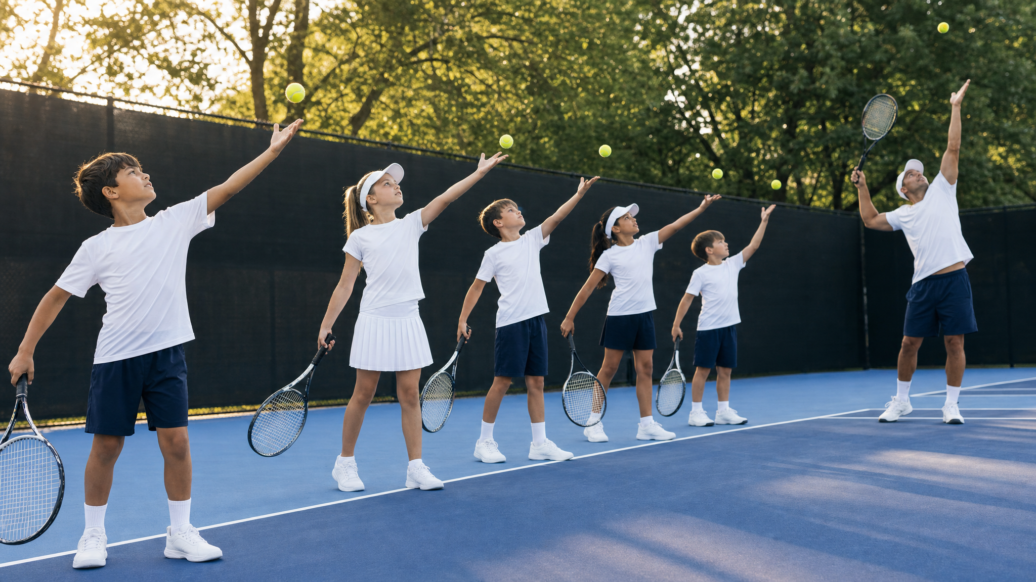 Kids practicing tennis serves in a row with their coach