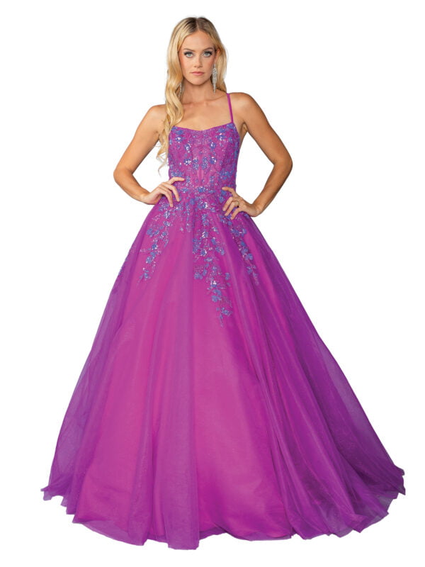 Sleeveless Scoop Neck Floral Sequin A-Line Prom Dress with Full Skirt