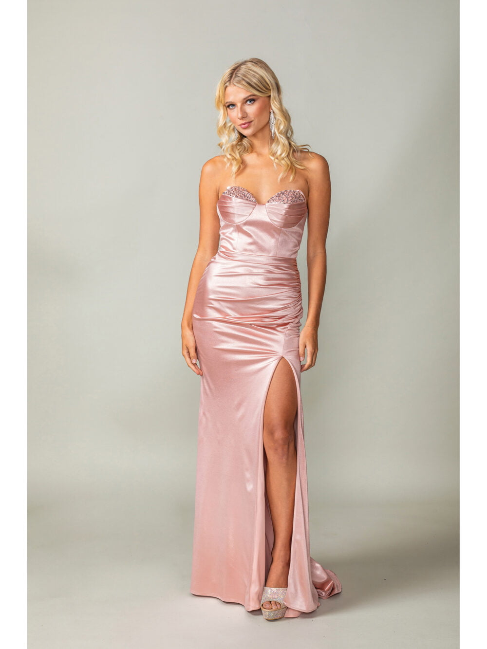 Ruched Satin Gown with Embellished Bustline - Style 4407 2