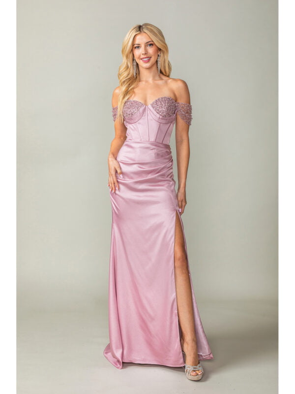 Off-the-Shoulder Beaded Corset Sheath Prom Dress with Ruched Slit Skirt