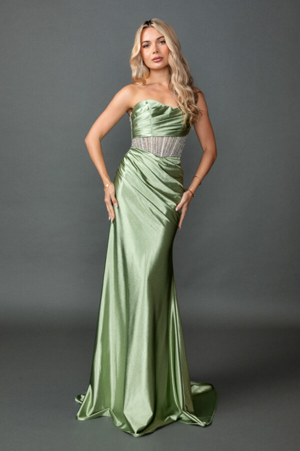 Strapless Beaded Corset Sheath Prom Dress with Draped Satin Skirt