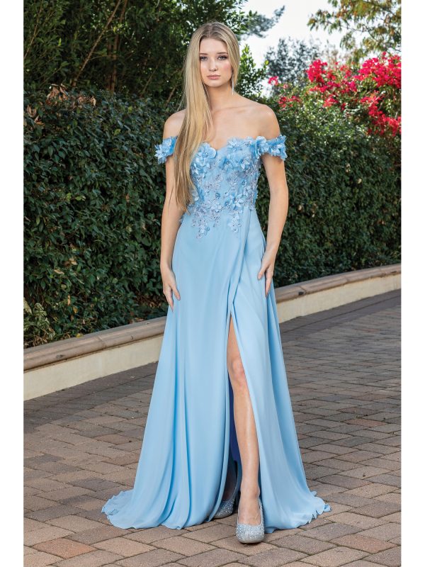 Off-the-Shoulder Sweetheart 3D Floral A-Line Prom Dress with Slit Skirt