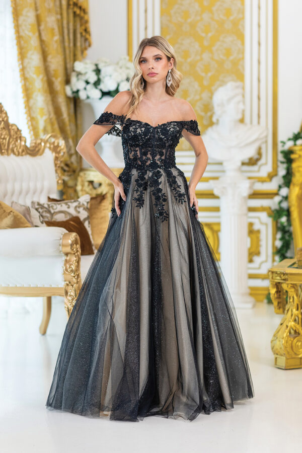 Black Off-the-Shoulder Floral Lace Corset Prom Dress with Tulle Skirt