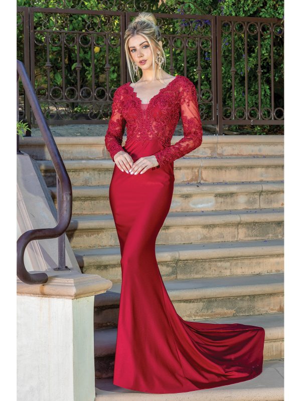 Long Sleeve V-Neck Lace Applique Mermaid Prom Dress with Train