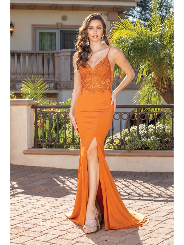 Spaghetti Strap V-Neck Lace Bodice Mermaid Prom Dress with Slit