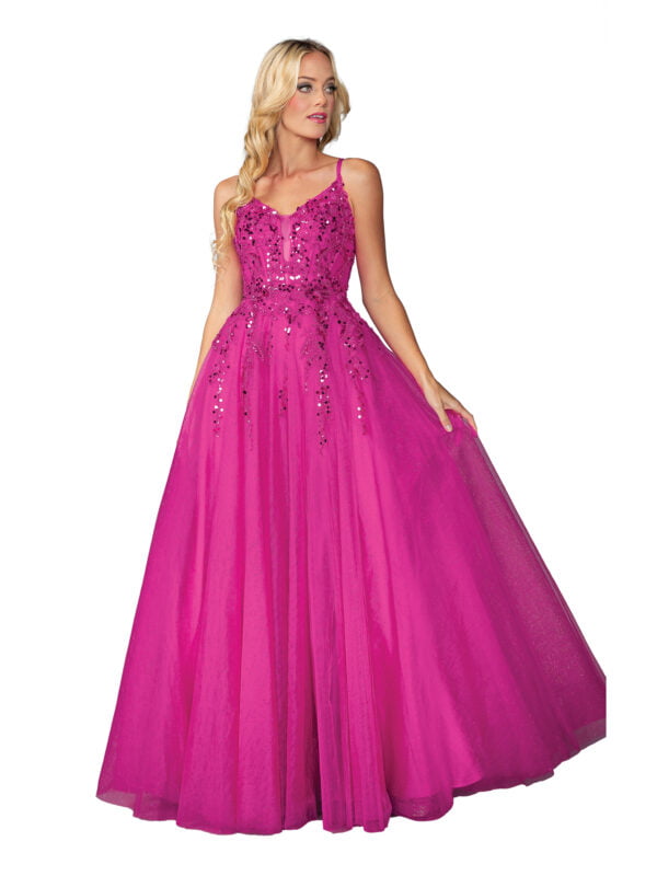 Sleeveless V-Neck Sequin Embellished A-Line Prom Dress with Full Skirt