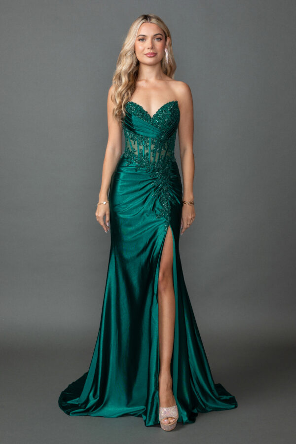 Strapless Sweetheart Floral Beaded Corset Sheath Dress with Slit Satin Skirt