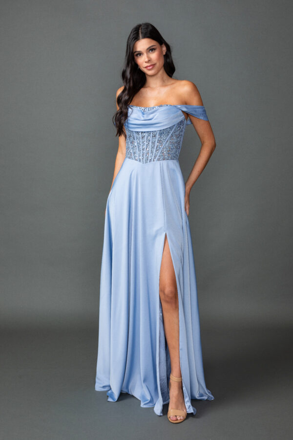 Off-the-Shoulder Cowl Neck Sequin Corset A-Line Dress with Slit Skirt