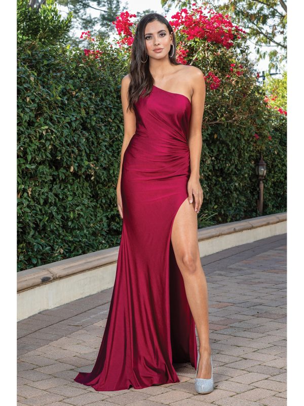 One-Shoulder Sleeveless Ruched Sheath Prom Dress with High Slit and Train