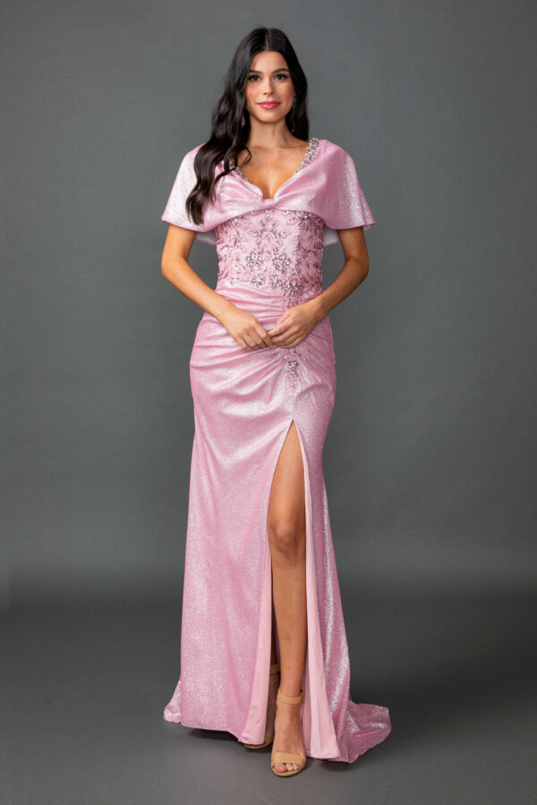 Draped Cape Sleeve V-Neck Beaded Sheath Dress with Slit Skirt
