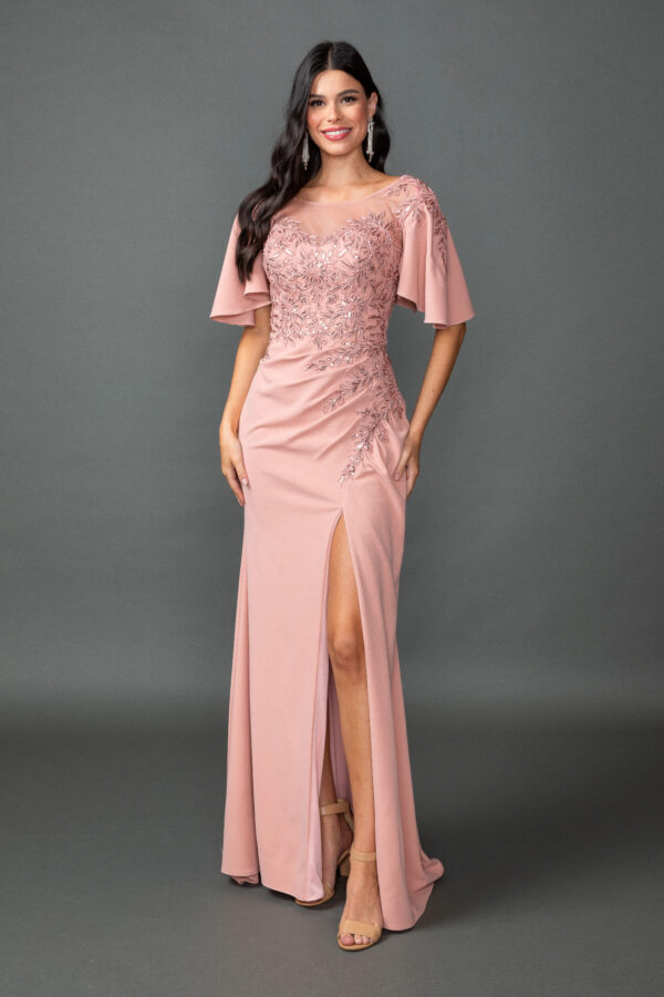 Flutter Sleeve Beaded Illusion Bodice Prom Dress with Slit Skirt