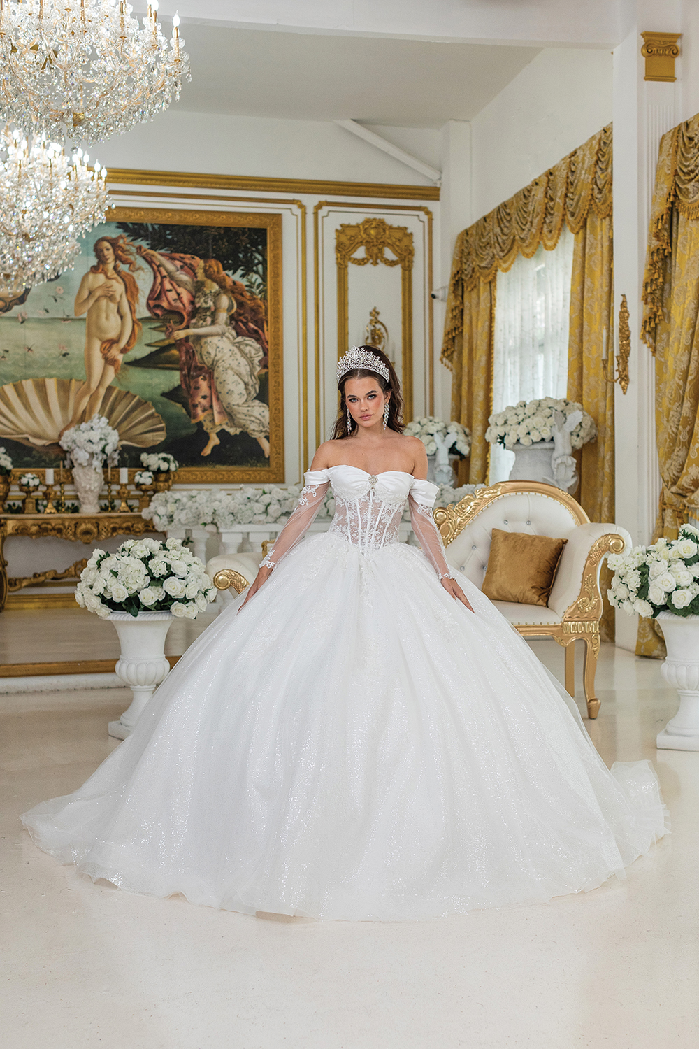 Off-Shoulder Ball Gown Wedding Dress with Glitter Skirt - Style 0292
