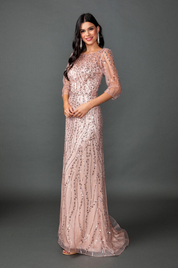 Boat Neck 3/4 Sleeve Sequin Sheath Prom Dress with Train