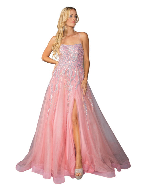 Sleeveless Sequin Embellished A-Line Prom Dress with Slit Overlay Skirt