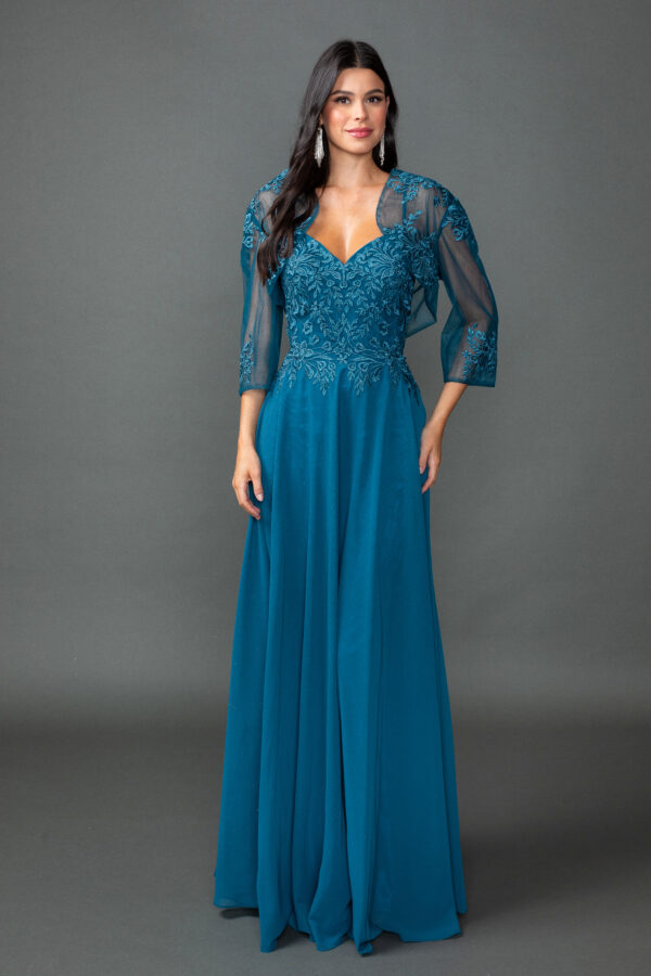 Three-Quarter Sleeve V-Neck Floral Lace A-Line Dress with Flowy Skirt
