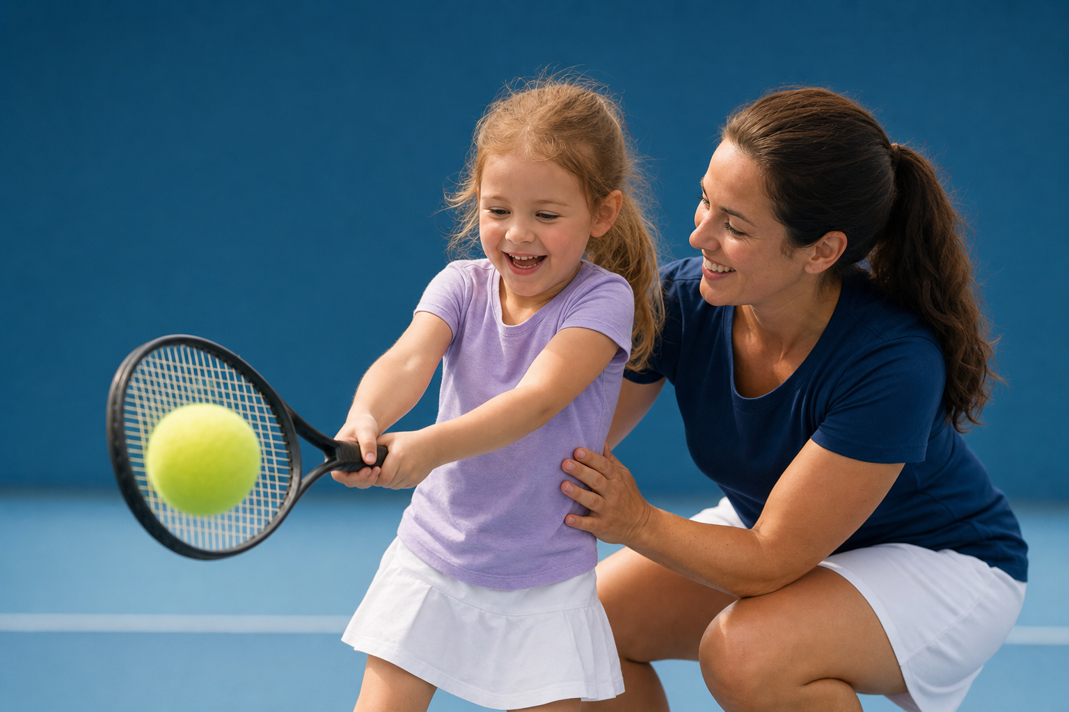 A coach helping a young student learn her first tennis swing