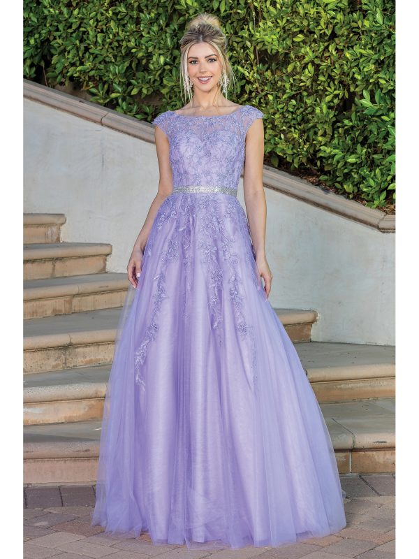Cap Sleeve Illusion Floral Lace A-Line Prom Dress with Tulle Skirt