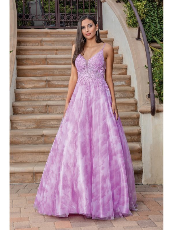 V-Neck Spaghetti Strap Floral Applique A-Line Prom Dress with Tulle Skirt