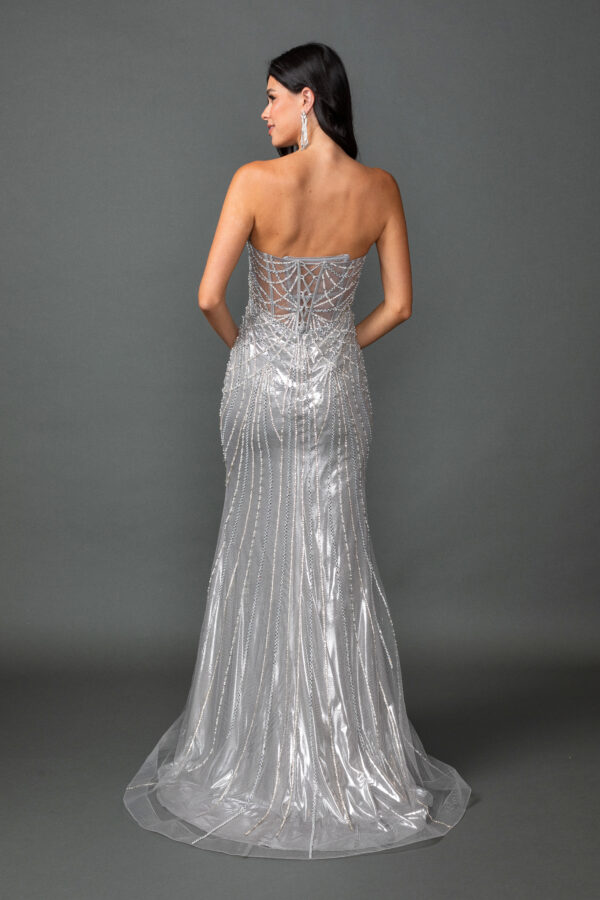 Deep V-Neck Illusion Corset Beaded Prom Dress with High Slit 2