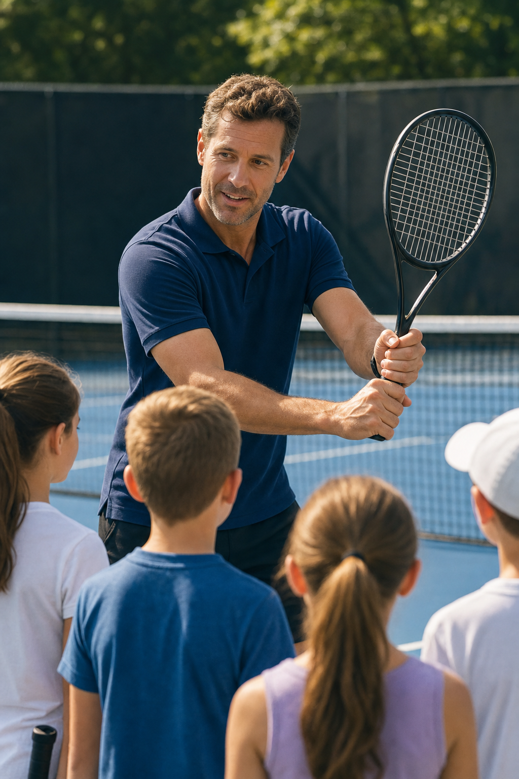 Coach demonstrating proper technique to a small group of young students