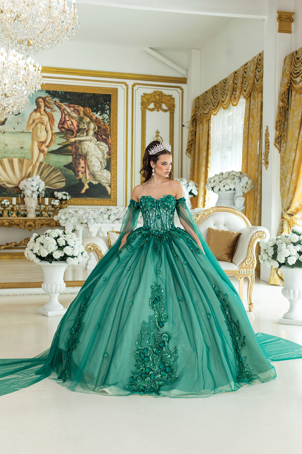 Luxurious Floral Applique Ballgown with Voluminous Train