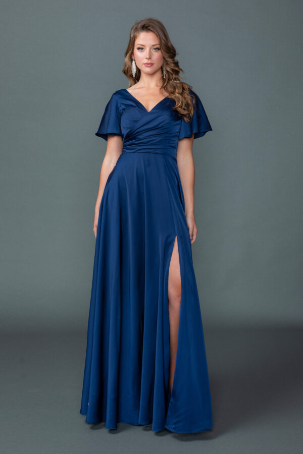 Flutter Sleeve V-Neck Pleated Bodice Prom Dress with Slit Skirt