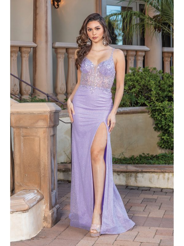 V-Neck Spaghetti Strap Sequin Bodice Sheath Prom Dress with Slit