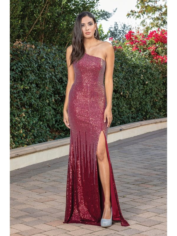 One-Shoulder Sleeveless Sequin Sheath Prom Dress with High Leg Slit
