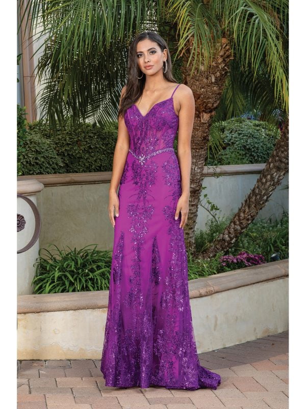 Spaghetti Strap V-Neck Floral Sequin Sheath Prom Dress with Train