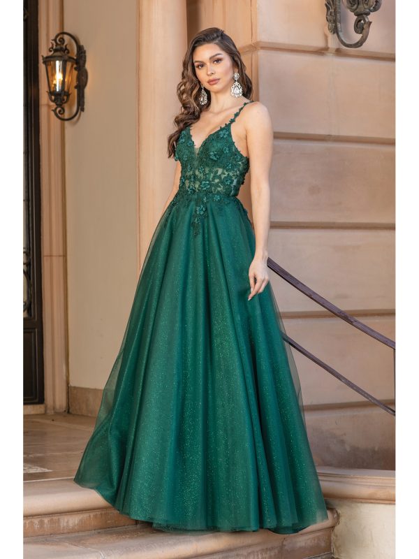 Sleeveless V-Neck Floral Lace Bodice A-Line Prom Dress with Full Skirt