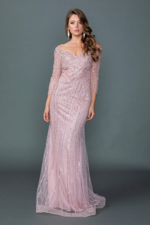 Off-the-Shoulder 3/4 Sleeve Beaded Trumpet Prom Dress with Sheer Skirt