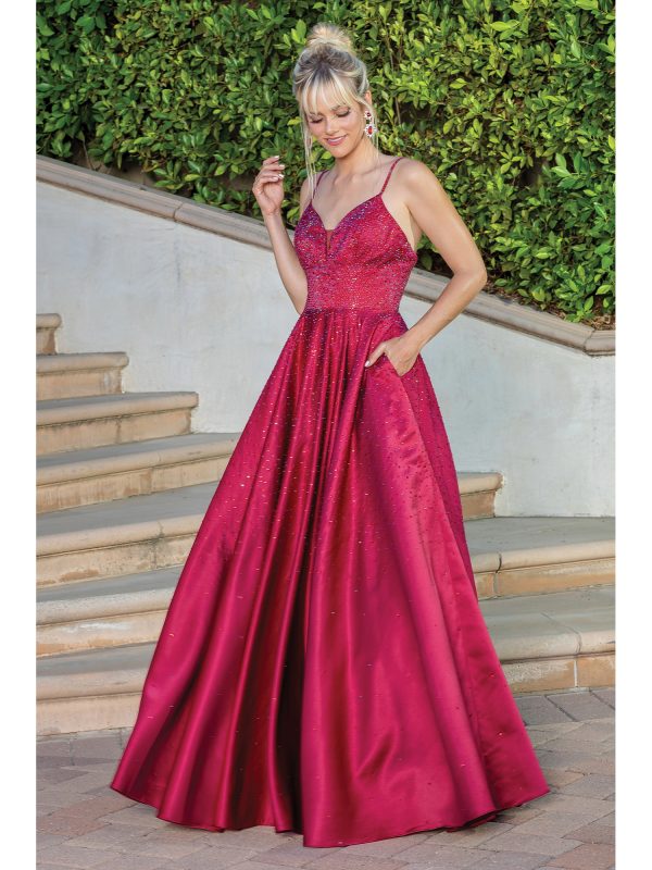 Sleeveless V-Neck Sequined A-Line Prom Dress with Pleated Pocket Skirt