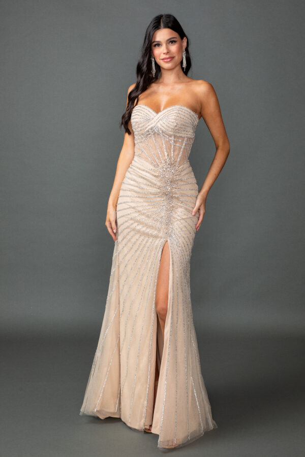 Strapless Sweetheart Linear Beaded Illusion Prom Dress with Slit Skirt