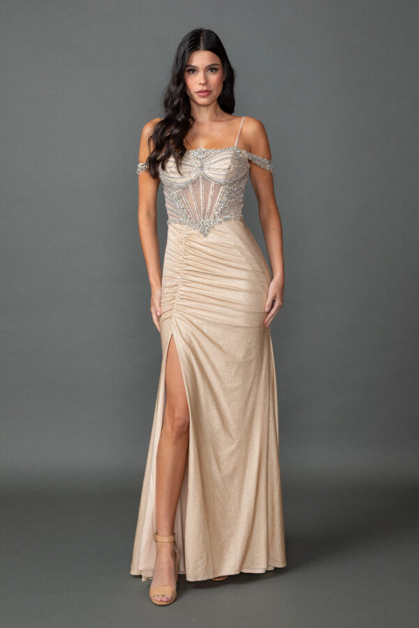 Off-the-Shoulder Beaded Illusion Bodice Prom Dress with Ruched Slit Skirt