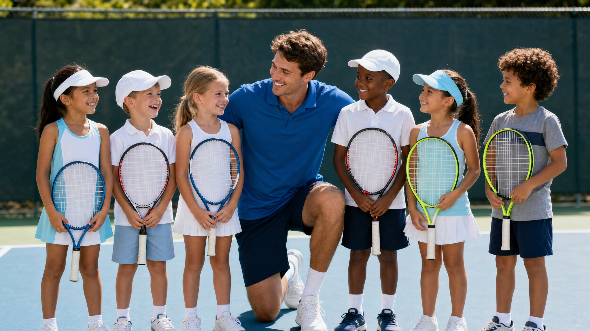Coach and a small group of young kids learning tennis together on a sunny court